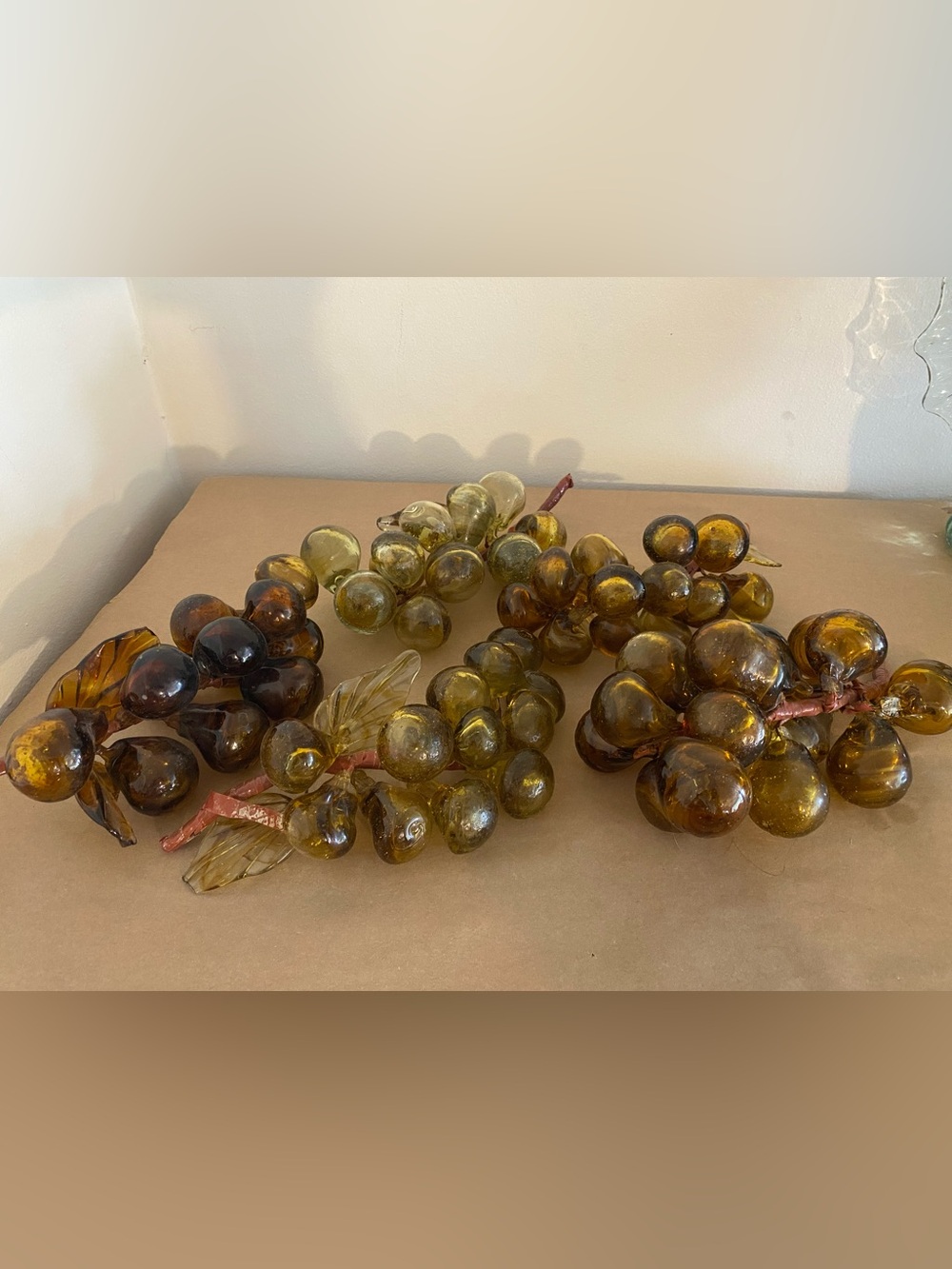 Handcrafted Amber Glass Grapes 5 Bunches yellow / brown Vintage, glass leaves